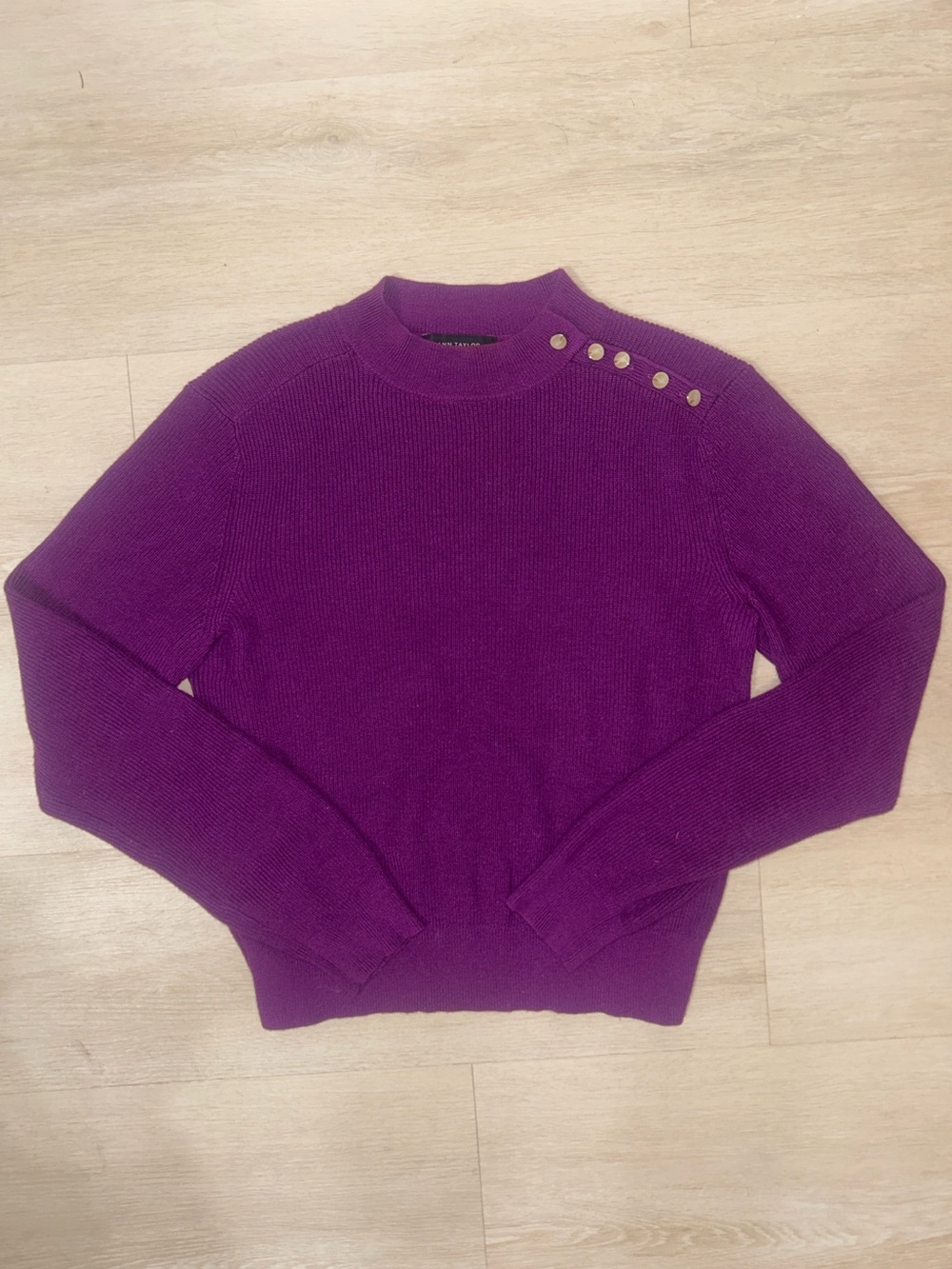 Ann Taylor Plum Purple Crewneck Button-Shoulder Sweater